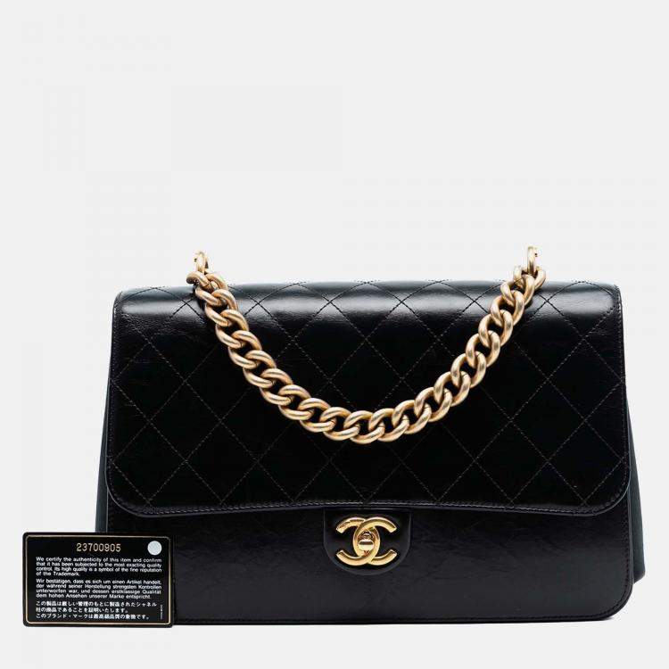 Pre Owned Chanel Black Paris Cosmopolite Aged Calfskin Straight Lined Flap