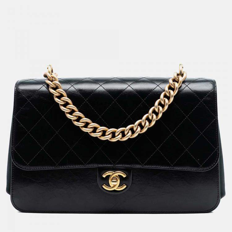 Pre Owned Chanel Black Paris Cosmopolite Aged Calfskin Straight Lined Flap