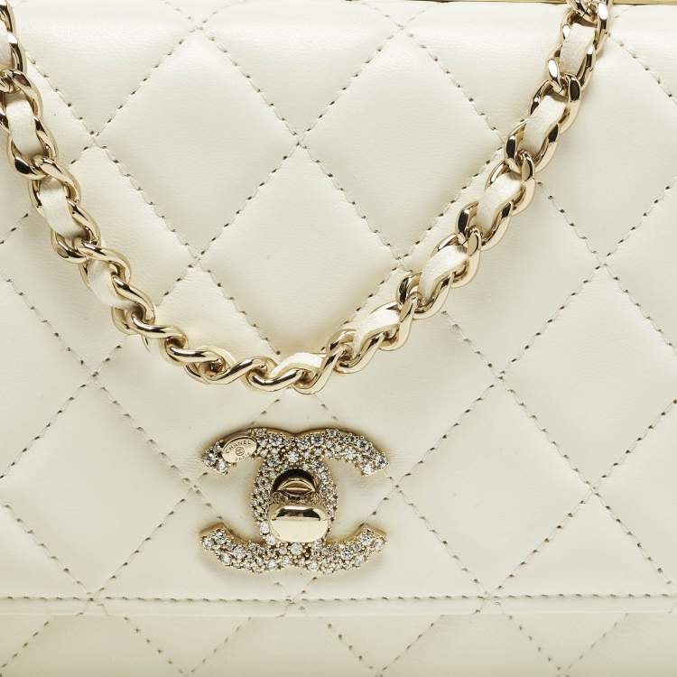 Pre Owned Chanel Trendy CC Off White Quilted Leather Wallet On Chain
