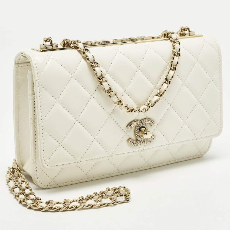 Pre Owned Chanel Trendy CC Off White Quilted Leather Wallet On Chain