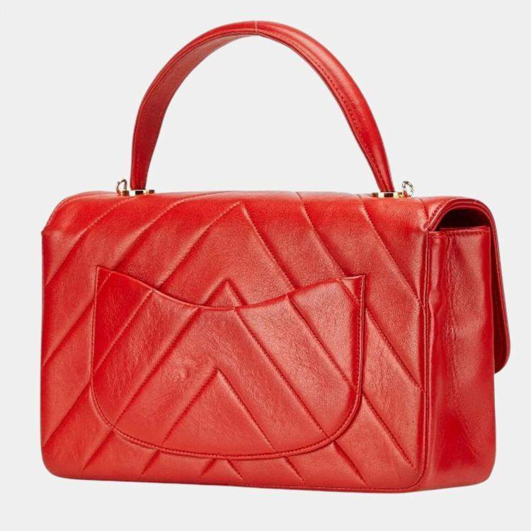Pre Owned Chanel Chevron V-Stitch Coco Mark Handbag Red Lambskin