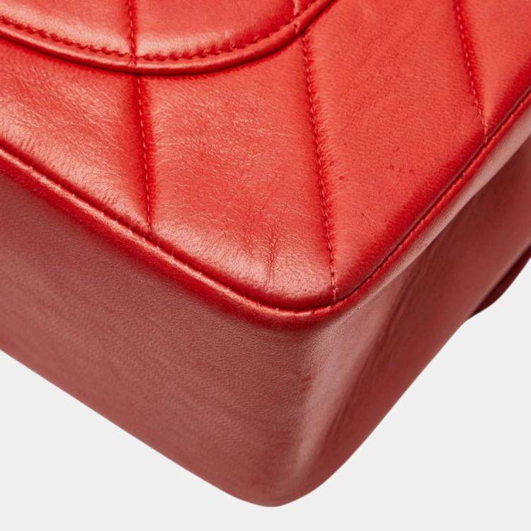 Pre Owned Chanel Chevron V-Stitch Coco Mark Handbag Red Lambskin