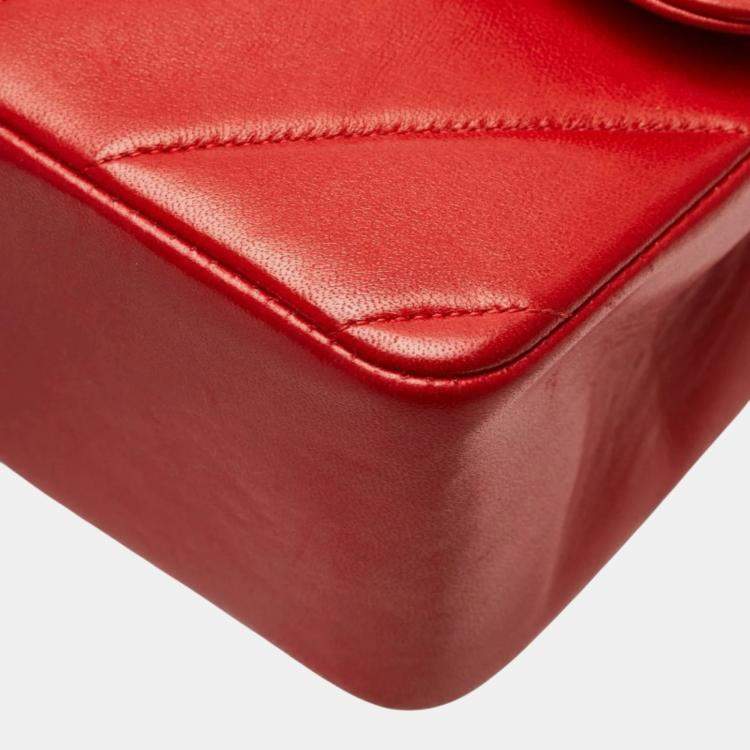Pre Owned Chanel Chevron V-Stitch Coco Mark Handbag Red Lambskin