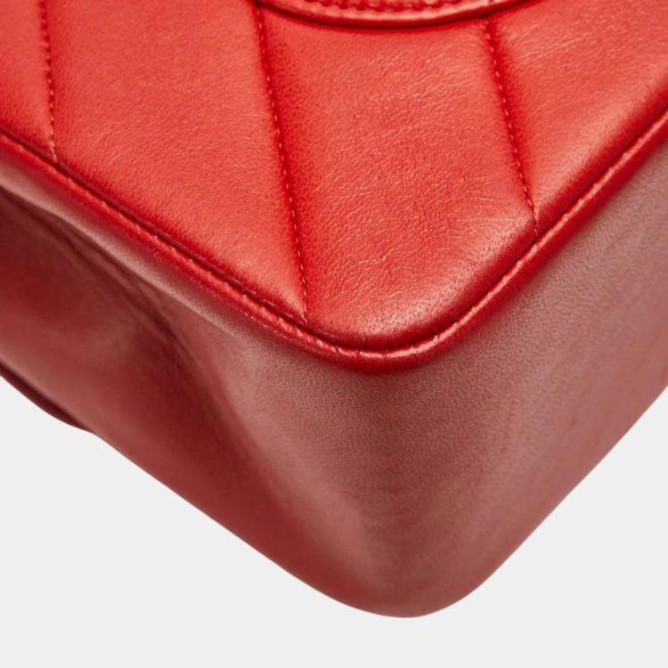 Pre Owned Chanel Chevron V-Stitch Coco Mark Handbag Red Lambskin