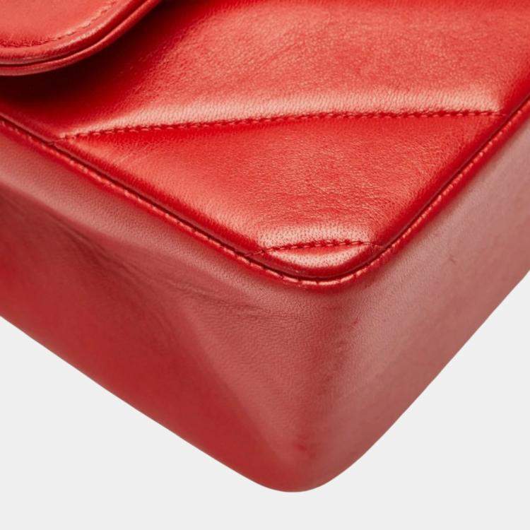Pre Owned Chanel Chevron V-Stitch Coco Mark Handbag Red Lambskin
