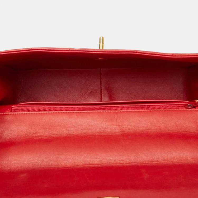 Pre Owned Chanel Chevron V-Stitch Coco Mark Handbag Red Lambskin