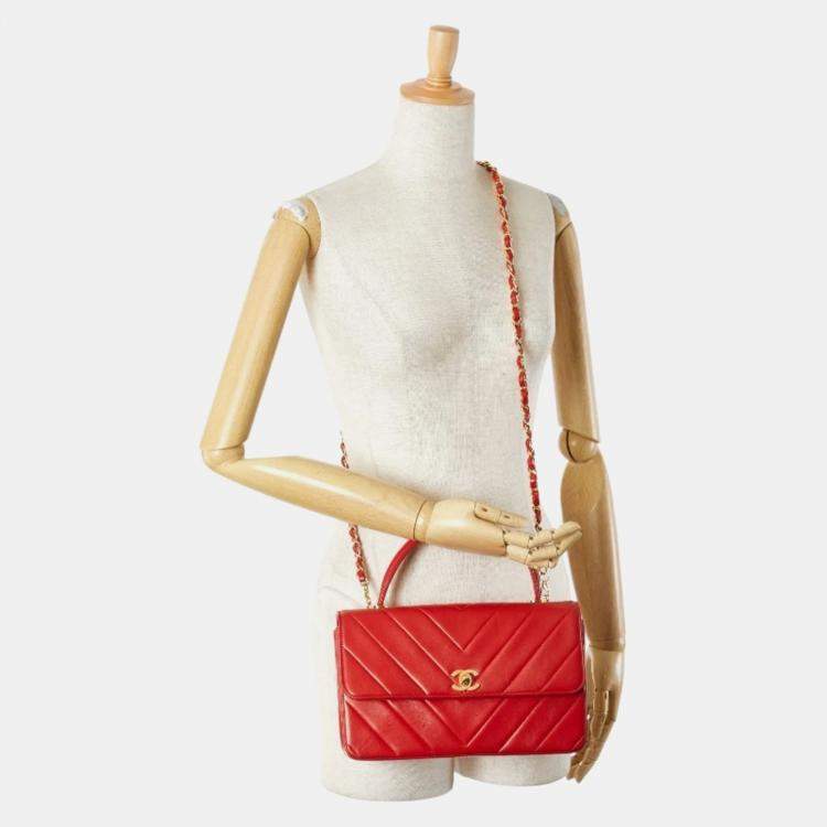 Pre Owned Chanel Chevron V-Stitch Coco Mark Handbag Red Lambskin