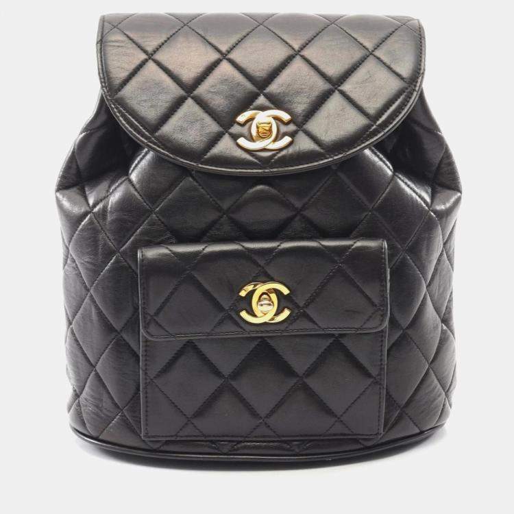 Pre Owned Chanel Matelasse Backpack Bag In Lambskin Leather  Black