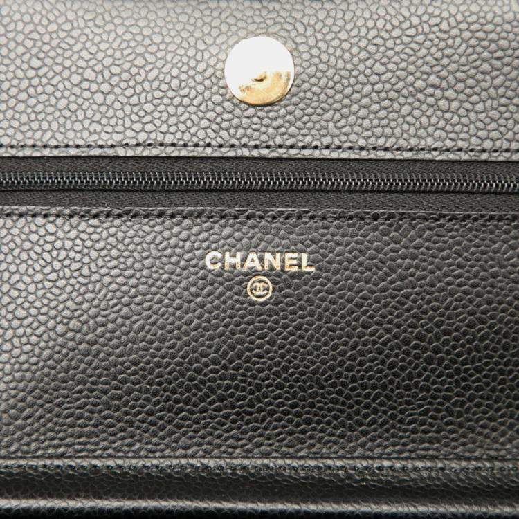 Pre Owned Chanel Matelasse Coco Mark Chain Wallet Shoulder Bag In Black Caviar Skin