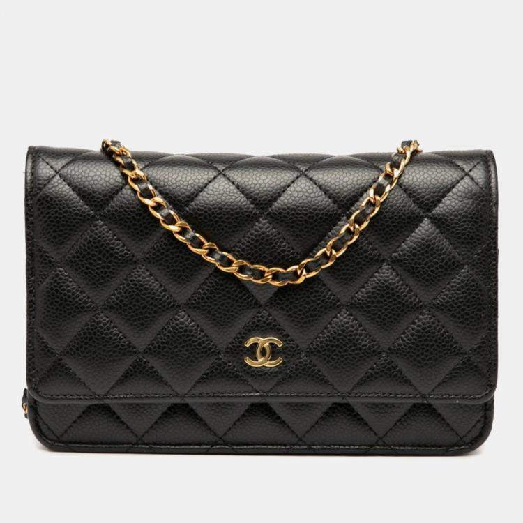 Pre Owned Chanel Matelasse Coco Mark Chain Wallet Shoulder Bag In Black Caviar Skin