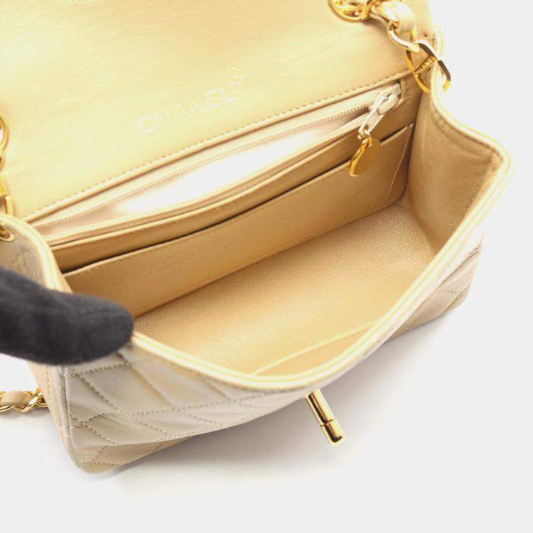 Pre Owned Chanel Mini Matelasse Shoulder Bag  Lambskin Leather  Beige