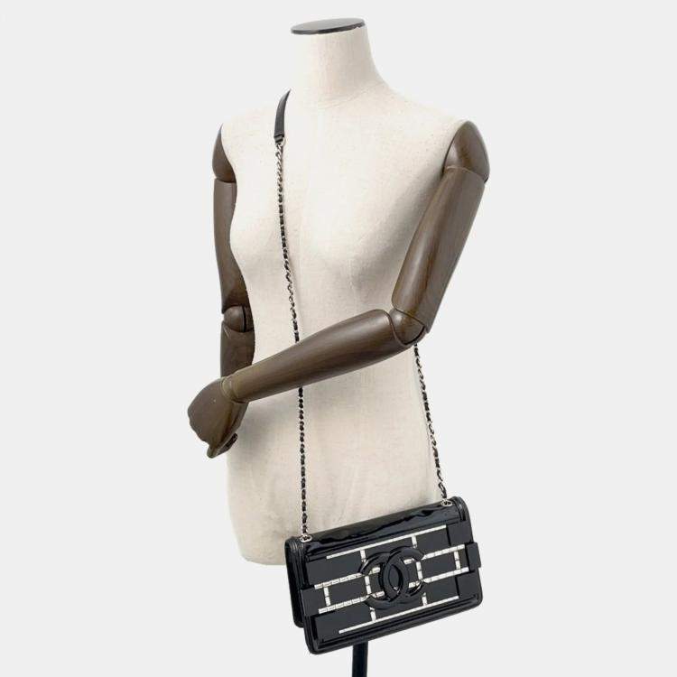 Pre Owned Chanel Chain Shoulder Bag  Lego Boy  Coco Mark  Patent Leather  Rhinestones  Black