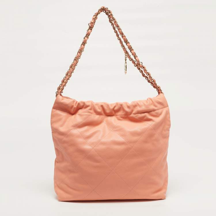 Pre Owned Chanel 22 Small Peach Caviar Quilted Leather Bag