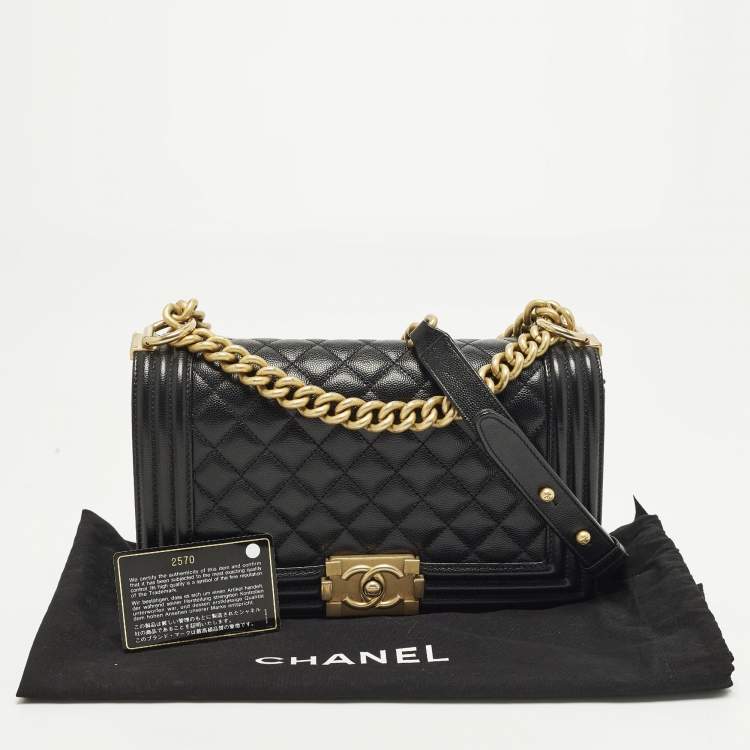Pre Owned Chanel Boy Medium Black Quilted Caviar Leather Flap Bag