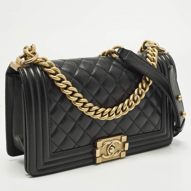 Pre Owned Chanel Boy Medium Black Quilted Caviar Leather Flap Bag