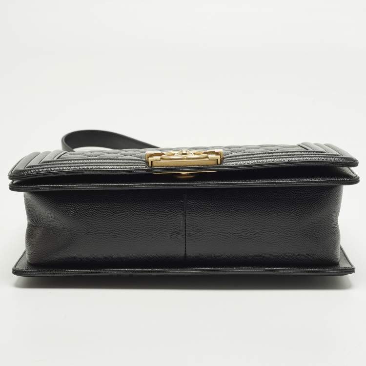 Pre Owned Chanel Boy Medium Black Quilted Caviar Leather Flap Bag