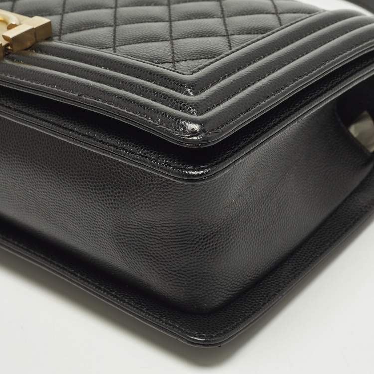 Pre Owned Chanel Boy Medium Black Quilted Caviar Leather Flap Bag