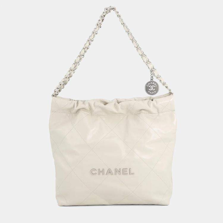 Pre Owned Chanel Chanel22 Handbag Light Gray Shiny Calf Leather Size Small