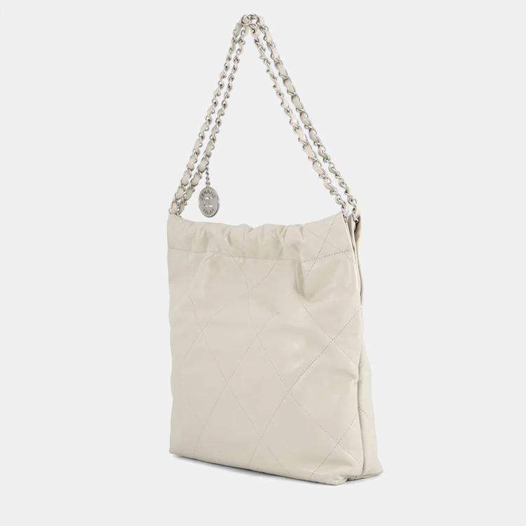 Pre Owned Chanel Chanel22 Handbag Light Gray Shiny Calf Leather Size Small