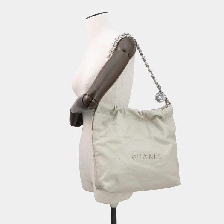 Pre Owned Chanel Chanel22 Handbag Light Gray Shiny Calf Leather Size Small