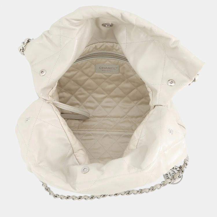 Pre Owned Chanel Chanel22 Handbag Light Gray Shiny Calf Leather Size Small