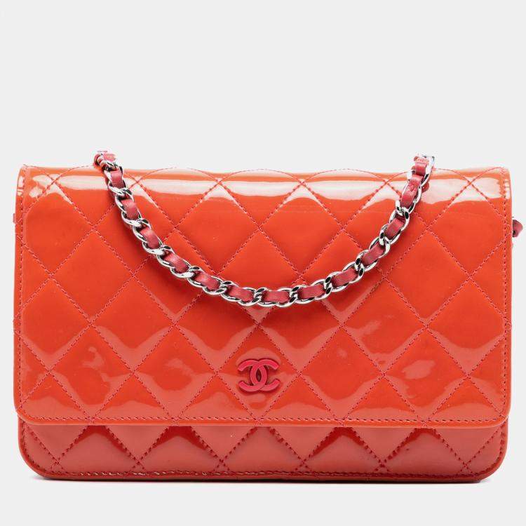 Pre Owned Chanel Orange CC Quilted Patent Wallet On Chain