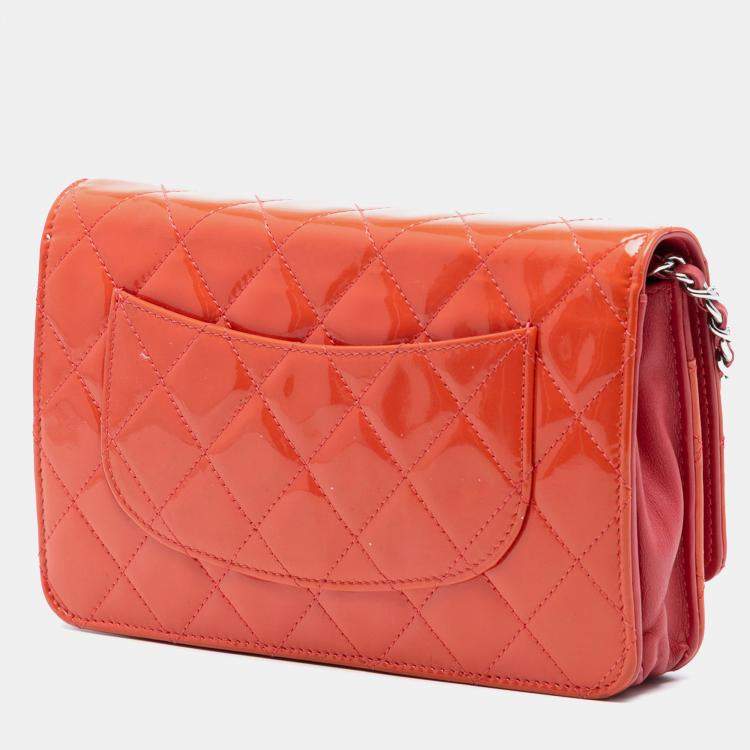 Pre Owned Chanel Orange CC Quilted Patent Wallet On Chain