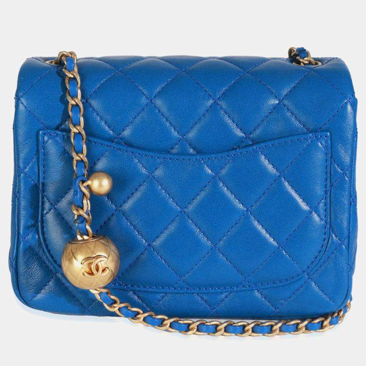 Pre Owned Chanel Blue Quilted Lambskin Mini Pearl Crush Flap Bag