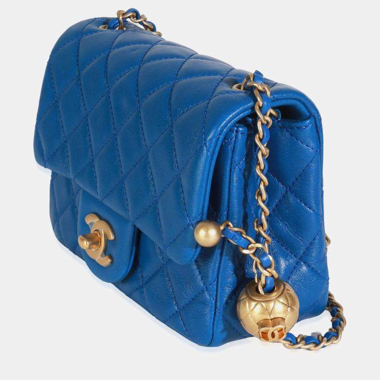 Pre Owned Chanel Blue Quilted Lambskin Mini Pearl Crush Flap Bag