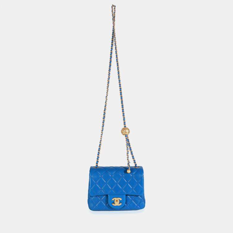 Pre Owned Chanel Blue Quilted Lambskin Mini Pearl Crush Flap Bag