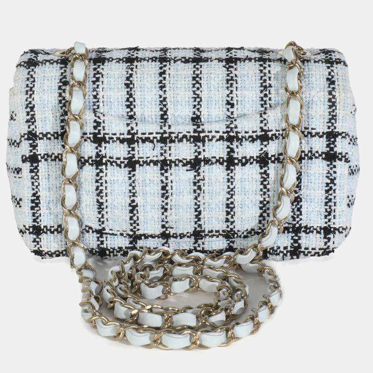 Pre Owned Chanel Blue White Tweed Quilted Mini Rectangular Flap Bag