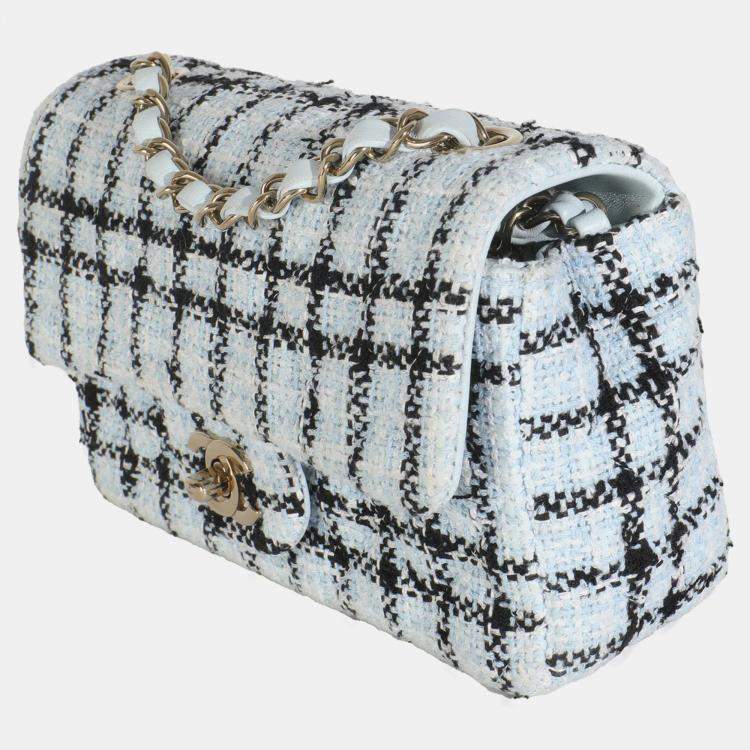 Pre Owned Chanel Blue White Tweed Quilted Mini Rectangular Flap Bag