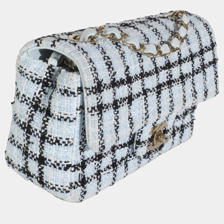 Pre Owned Chanel Blue White Tweed Quilted Mini Rectangular Flap Bag