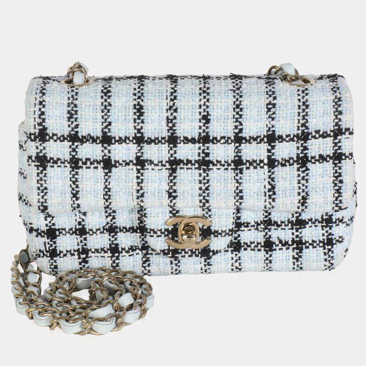 Pre Owned Chanel Blue White Tweed Quilted Mini Rectangular Flap Bag