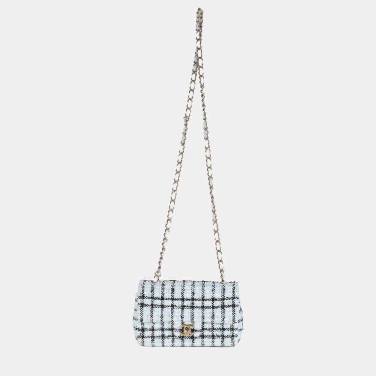 Pre Owned Chanel Blue White Tweed Quilted Mini Rectangular Flap Bag