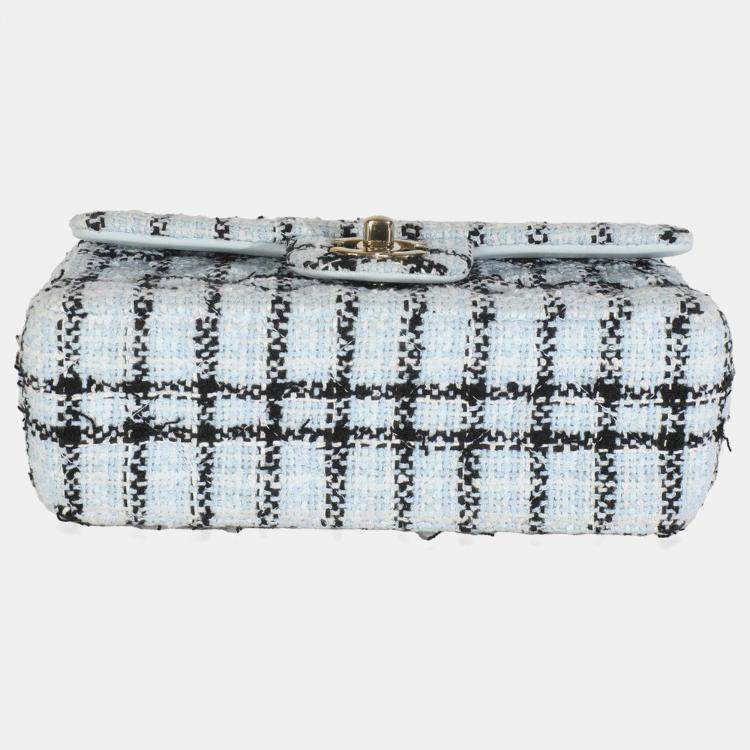 Pre Owned Chanel Blue White Tweed Quilted Mini Rectangular Flap Bag