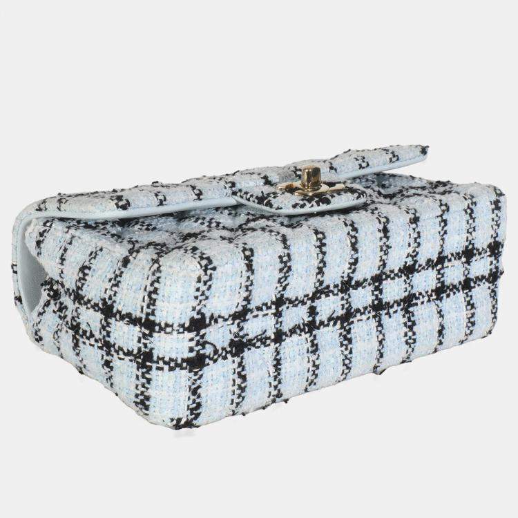 Pre Owned Chanel Blue White Tweed Quilted Mini Rectangular Flap Bag