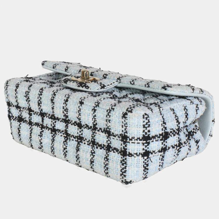 Pre Owned Chanel Blue White Tweed Quilted Mini Rectangular Flap Bag