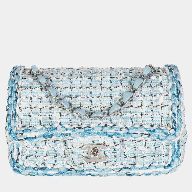 مملوكة مسبقًا Chanel Blue White Quilted Metallic Tweed Braided Mini Rectangular Flap Bag