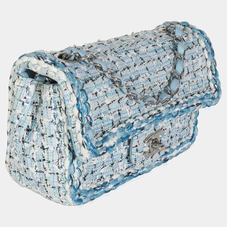 مملوكة مسبقًا Chanel Blue White Quilted Metallic Tweed Braided Mini Rectangular Flap Bag