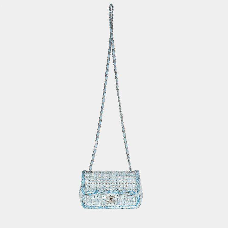 مملوكة مسبقًا Chanel Blue White Quilted Metallic Tweed Braided Mini Rectangular Flap Bag