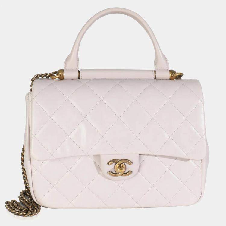 Pre Owned Chanel Light Pink Quilted Glazed Calfskin Medium Gold Bar Top Handle Flap Bag
