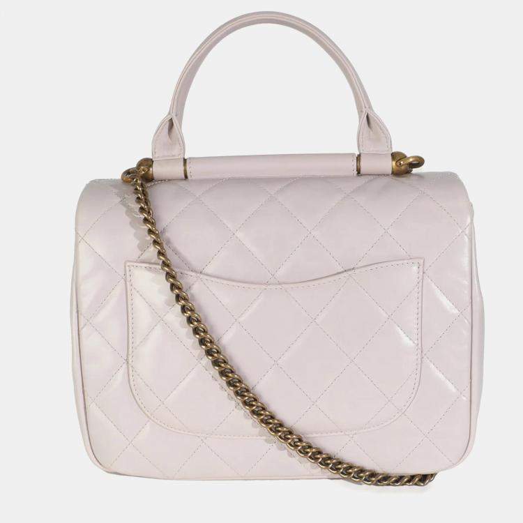 Pre Owned Chanel Light Pink Quilted Glazed Calfskin Medium Gold Bar Top Handle Flap Bag