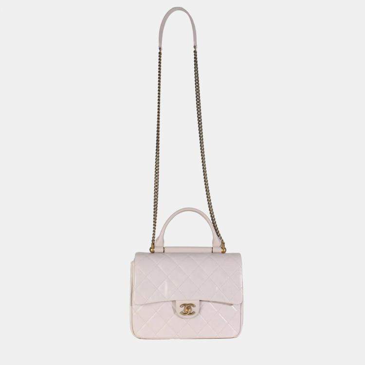 Pre Owned Chanel Light Pink Quilted Glazed Calfskin Medium Gold Bar Top Handle Flap Bag