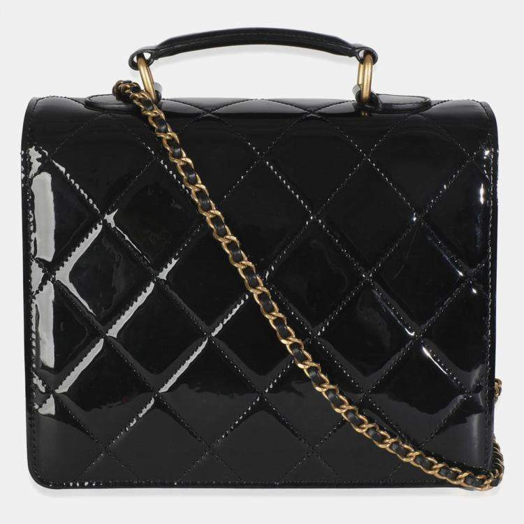 Pre Owned Chanel 23A Black Quilted Patent Accordion Pushlock Top Handle Flap Bag