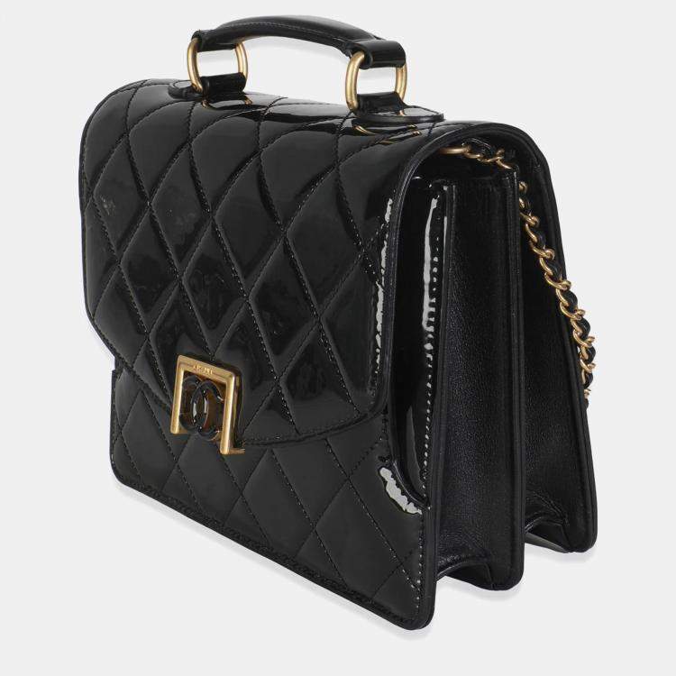 Pre Owned Chanel 23A Black Quilted Patent Accordion Pushlock Top Handle Flap Bag