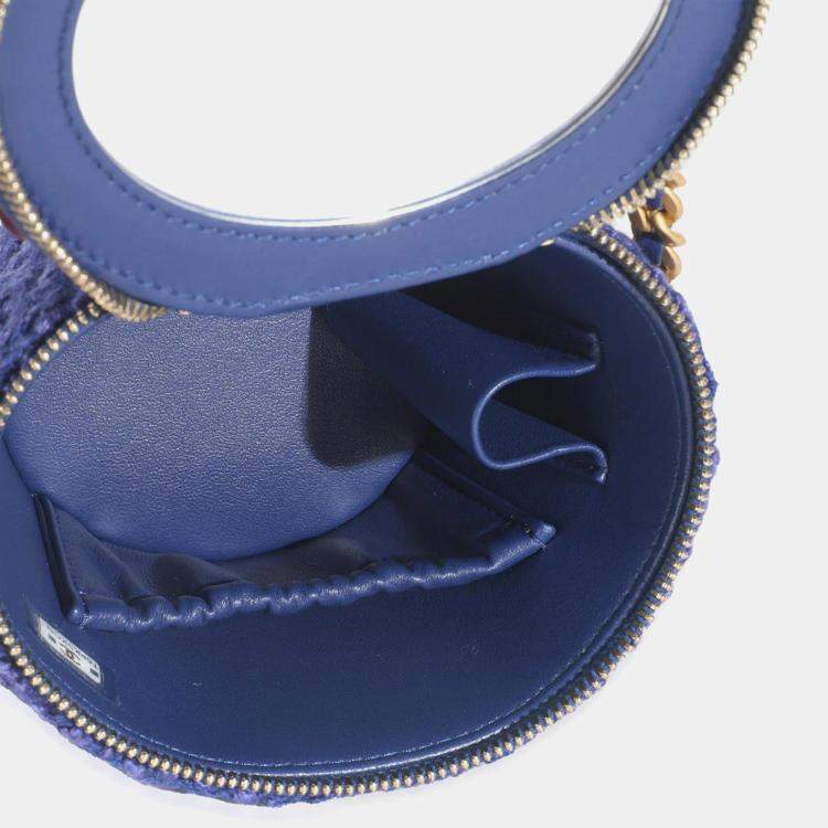 Pre Owned Chanel Blue Quilted Tweed Afternoon Tea Top Handle Vanity Case With Chain