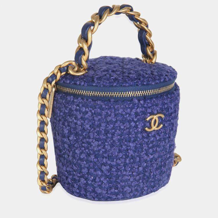 Pre Owned Chanel Blue Quilted Tweed Afternoon Tea Top Handle Vanity Case With Chain
