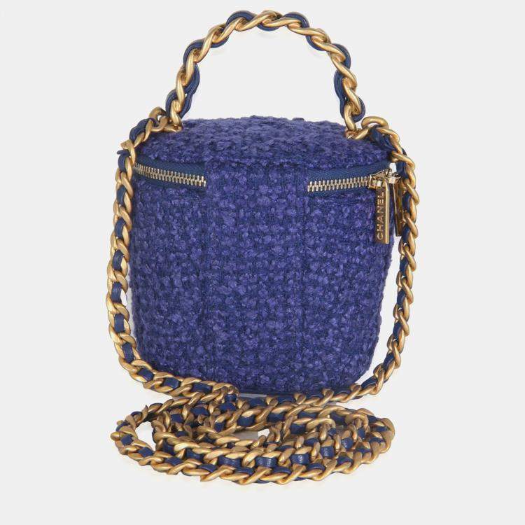 Pre Owned Chanel Blue Quilted Tweed Afternoon Tea Top Handle Vanity Case With Chain
