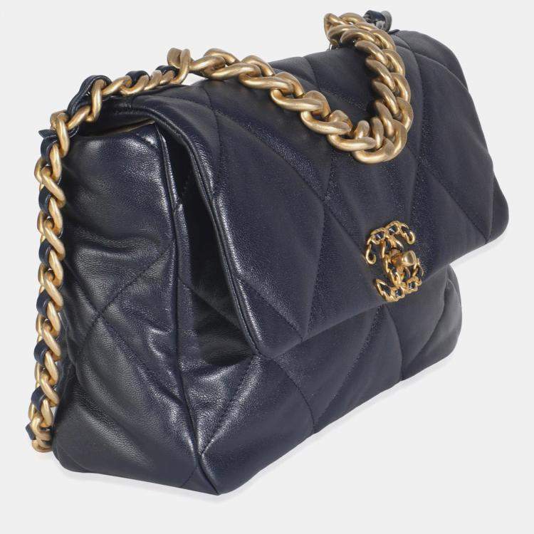 Pre Owned Chanel Navy Quilted Lambskin Medium Chanel 19 Flap Bag